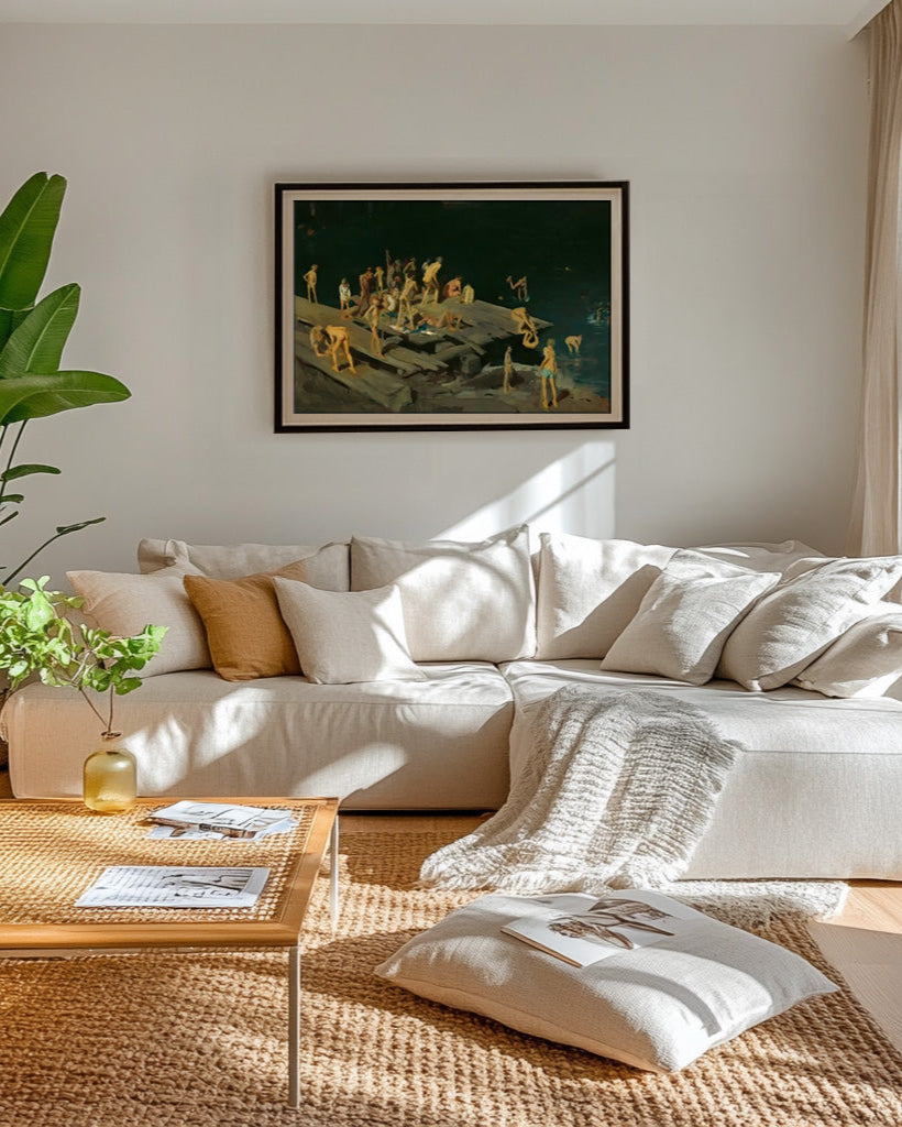 Living room with a white sofa, wooden coffee table, and decorative items.